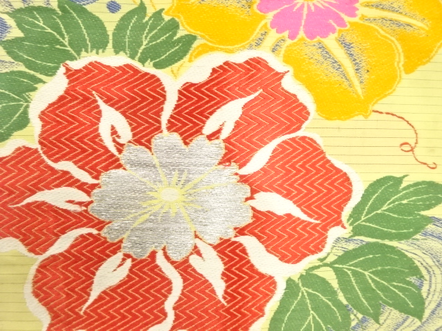 アンティーク　絽　荒波に花模様織り出し名古屋帯